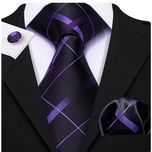 Purple and black plaid silk tie set